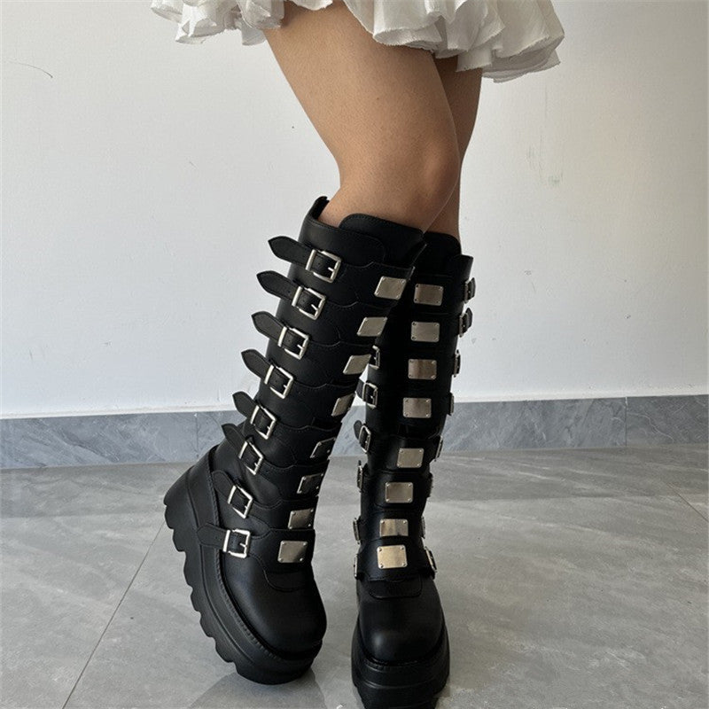 Damen Plattformstiefel Schnallen-Design Stabil Modisch