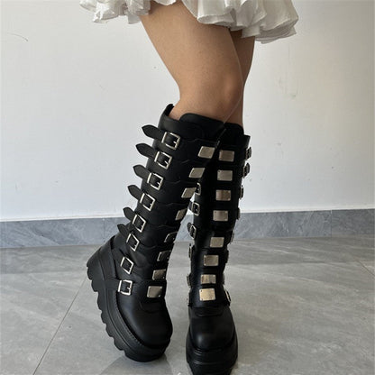 Damen Plattformstiefel Schnallen-Design Stabil Modisch