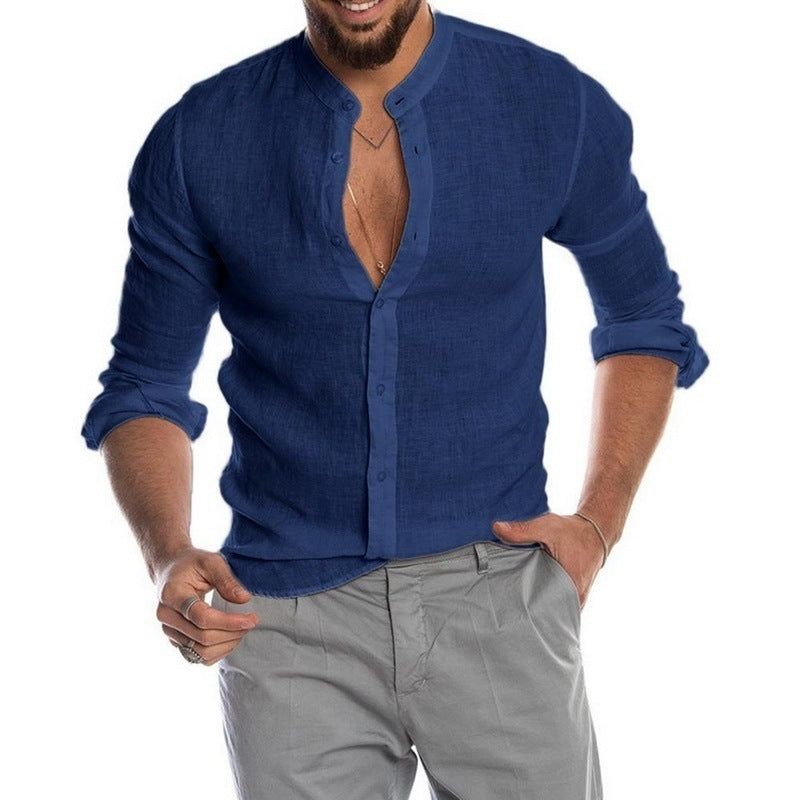 Herren Leinenhemd Stehkragen Modern Slim Fit Sommer