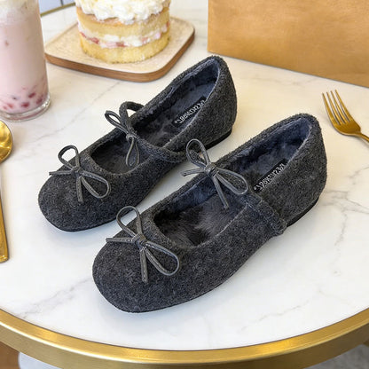 Damen Ballerinas Flauschig mit Schleifchen Weich