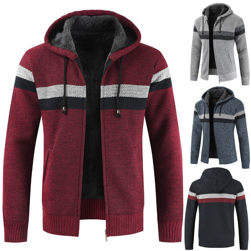 Herren Strickjacke Kapuze mit Kontraststreifen Modern