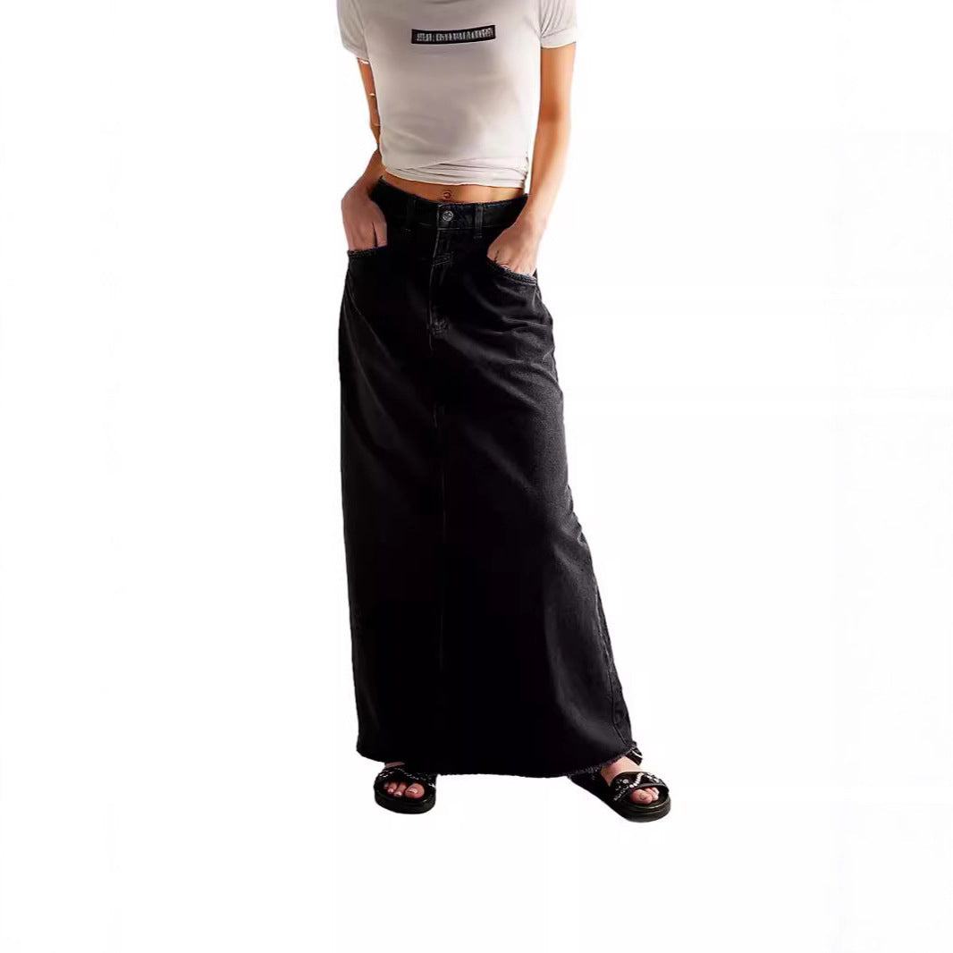 Damen Denim-Rock Hochtailliert mit Taschen Lang