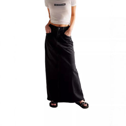 Damen Denim-Rock Hochtailliert mit Taschen Lang