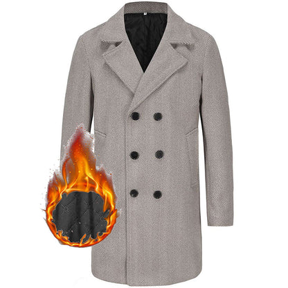 Herren Mantel Doppelreihig Fischgratmuster Elegant Schwarz