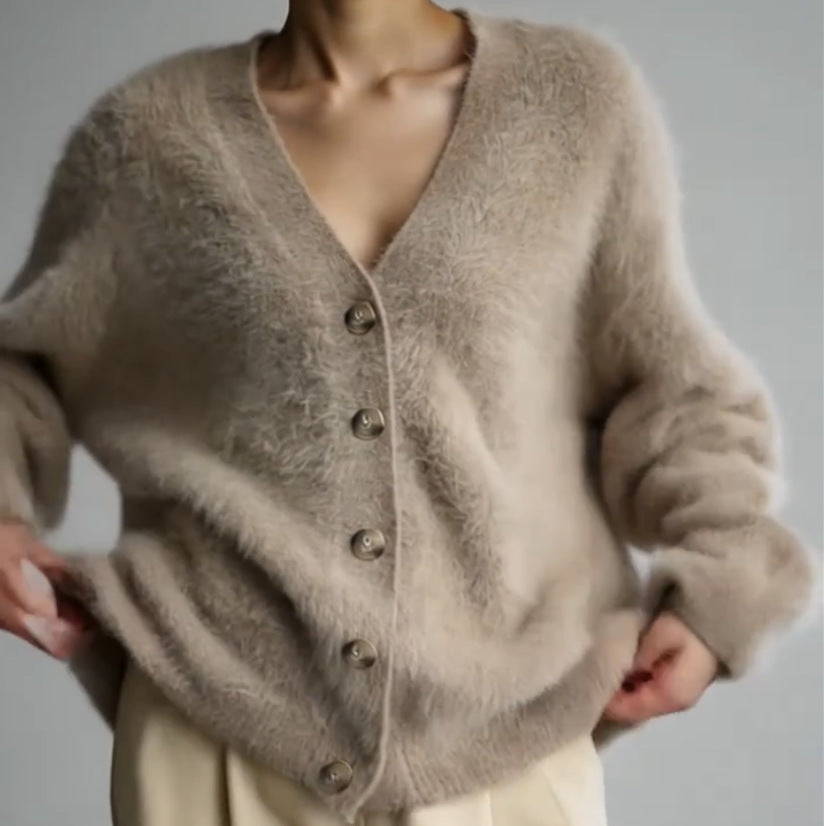 Damen Strickjacke Flauschig V-Ausschnitt Große Knöpfe