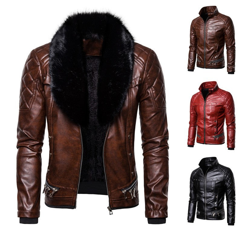 Herren Lederjacke Bikerstil mit Kunstfellkragen Schwarz