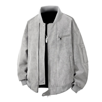 Herren Bomberjacke Vintage Style Reißverschluss Leder Optik