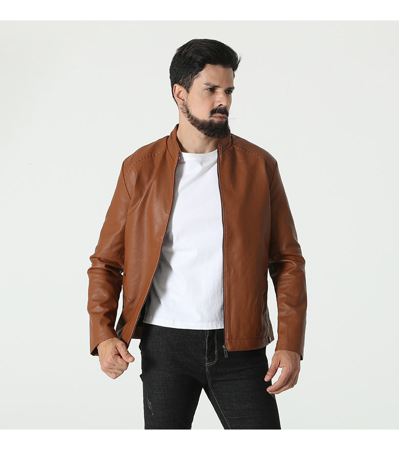 Herren Lederjacke Modern Elastischer Kragen Schwarz