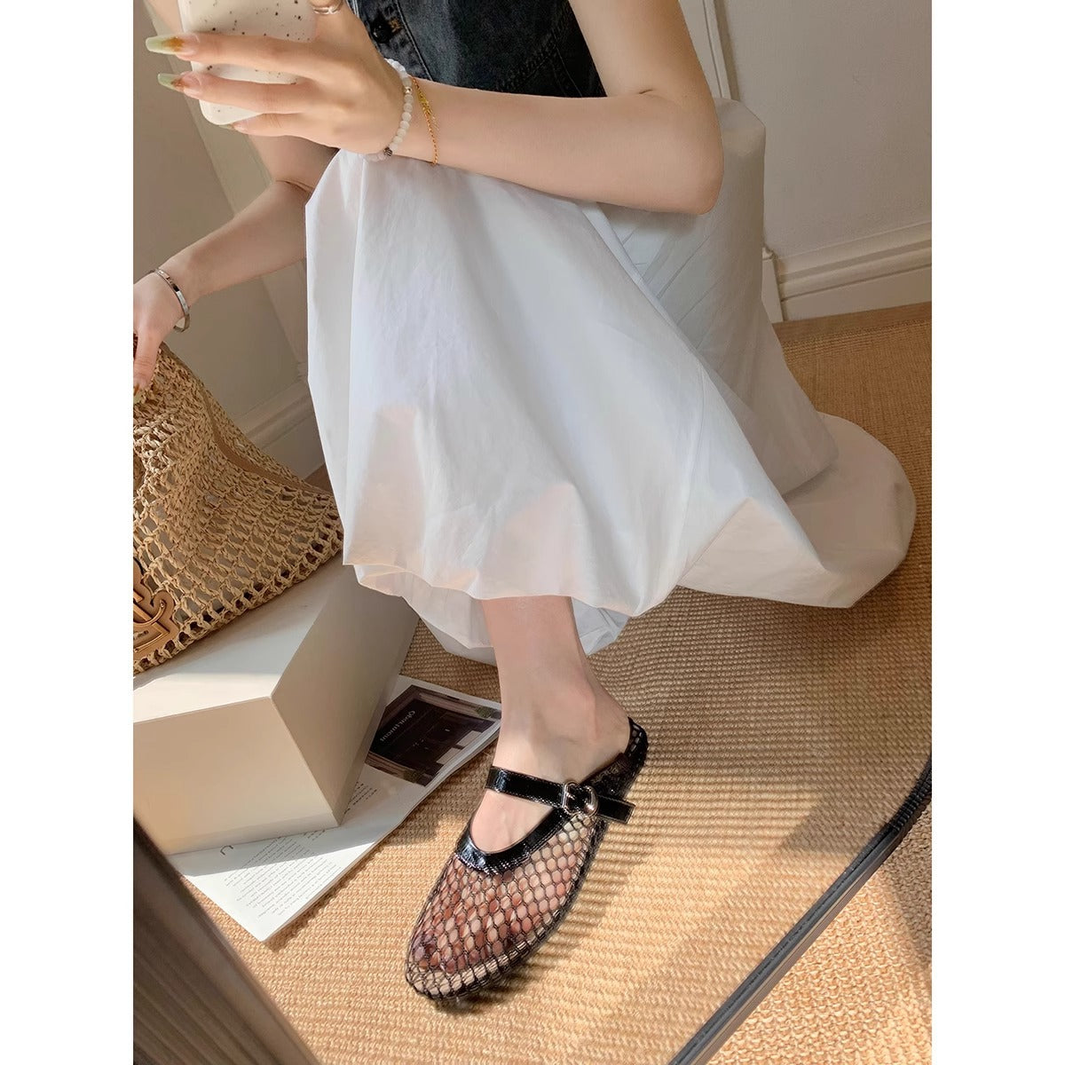 Damen Ballerinas Netz Optik Verstellbar Bequem