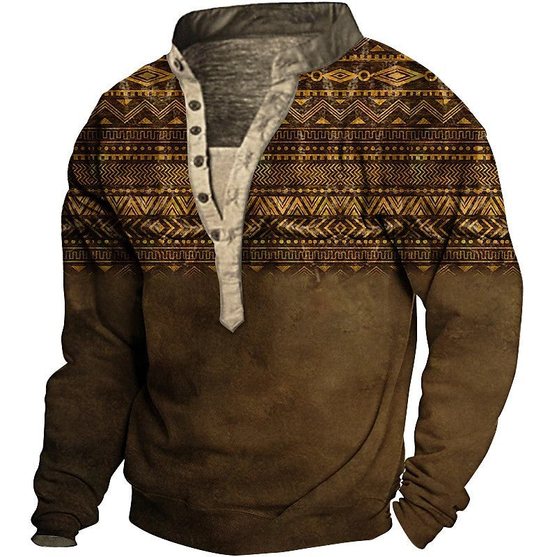Herren Fleece Pullover Ethno Muster Knopf Detail Modern