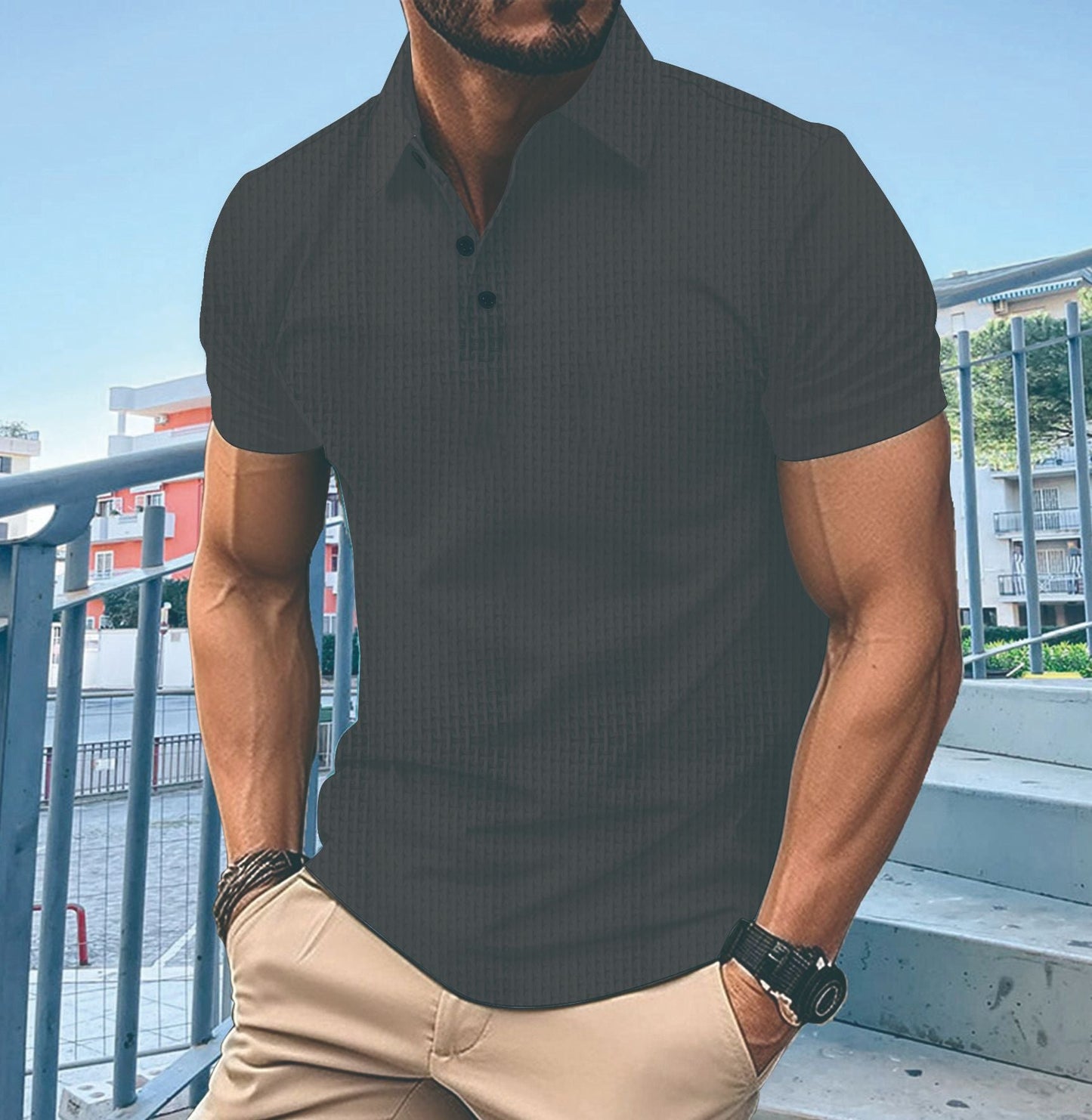 Herren T-Shirt Kurzarm Modern mit Knöpfen und Struktur