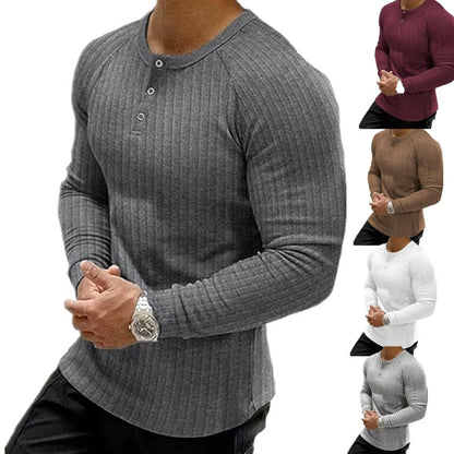 Herren Langarm T-Shirt Ripp Optik Knopfleiste Modern