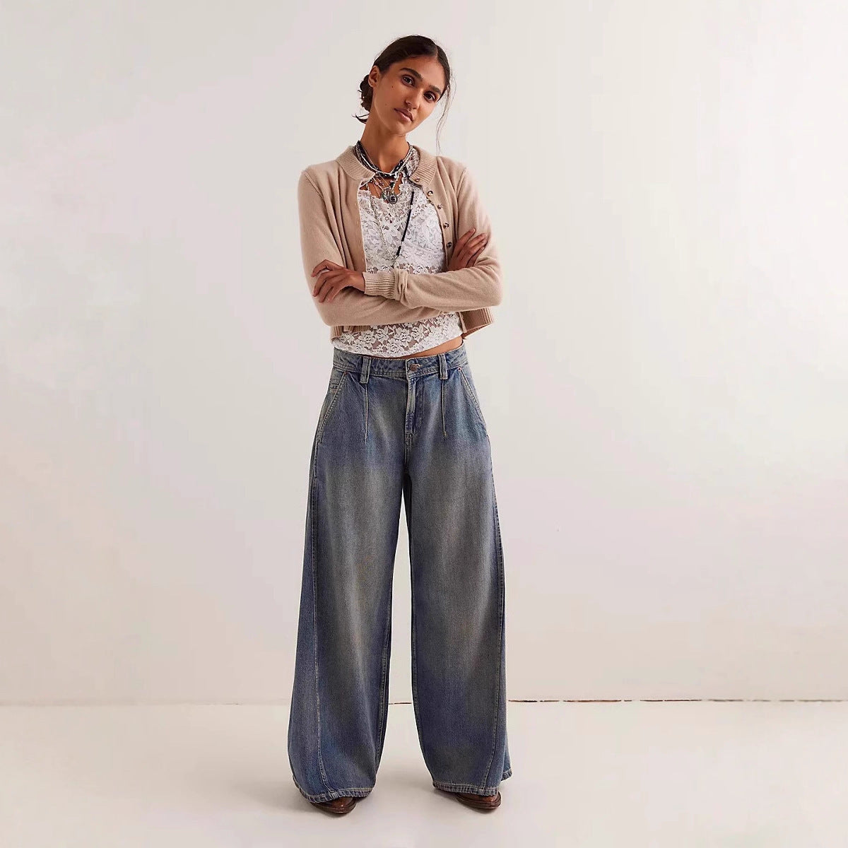 Damen High-Waist Jeans Weite Vintage-Style Bequem