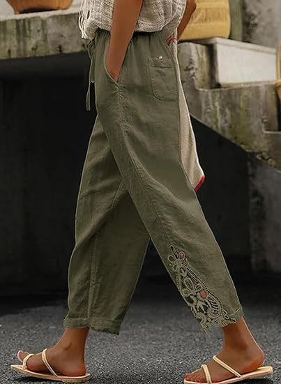 Leinenhose Damen Sommer Leicht Stickerei Modern