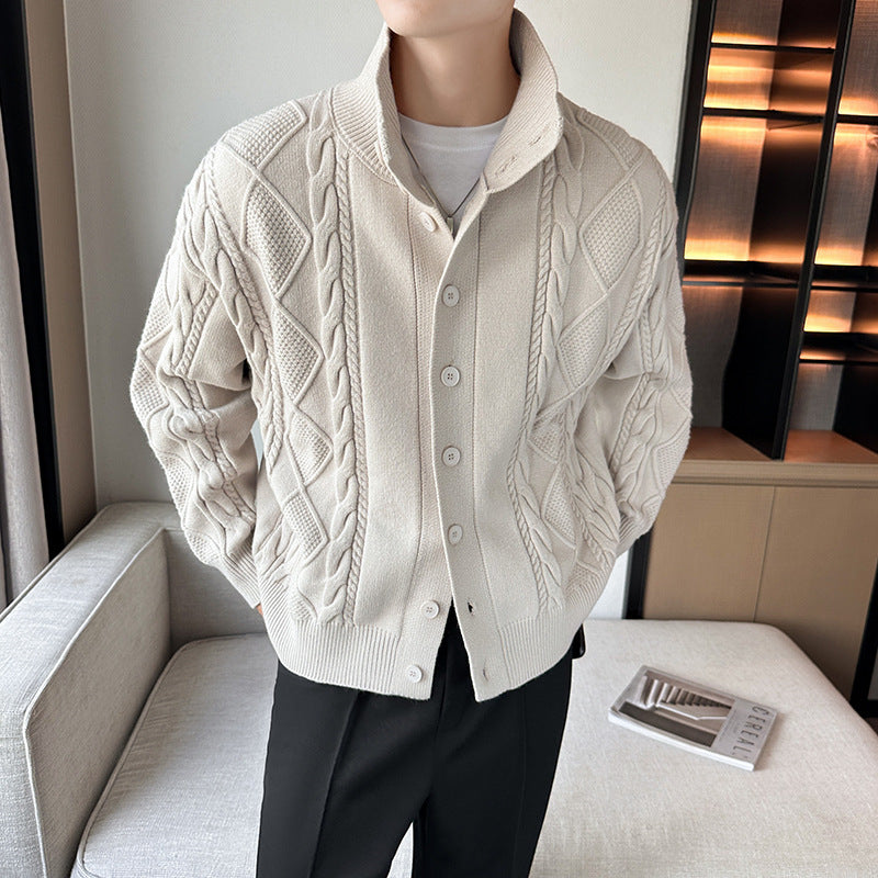 Herren Pullover Grobstrick Modern Stehkragen Knopfleiste