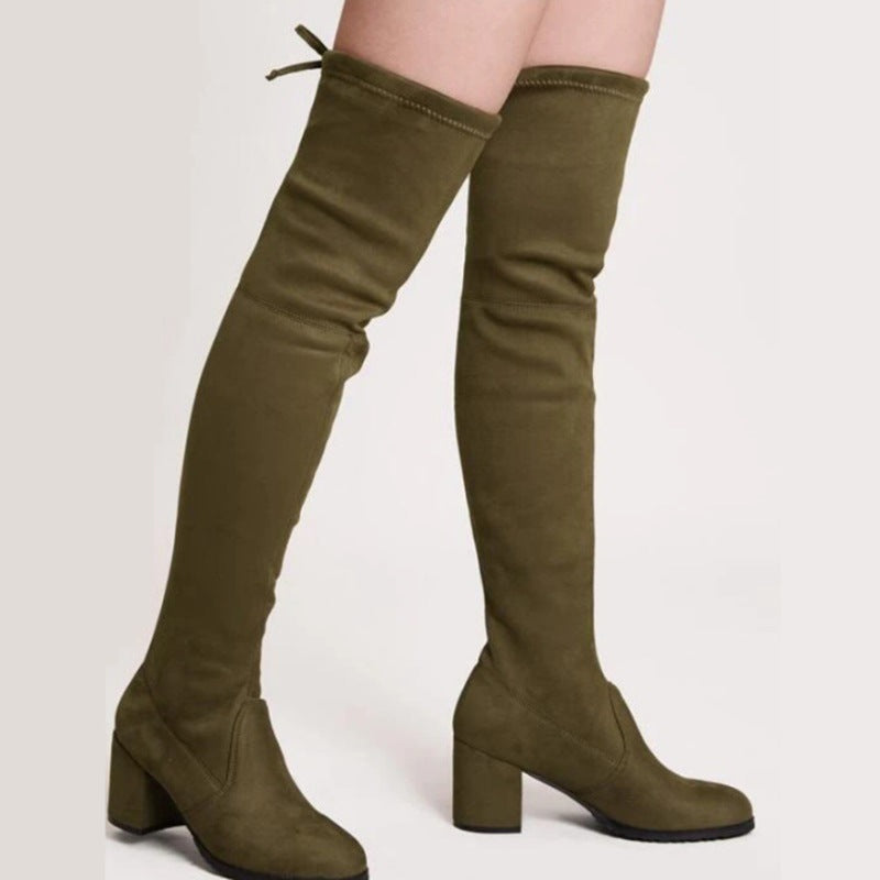 Damen Overknee Stiefel Hoch mit Blockabsatz Schnürsenkel Elegant - BerlinGlamour