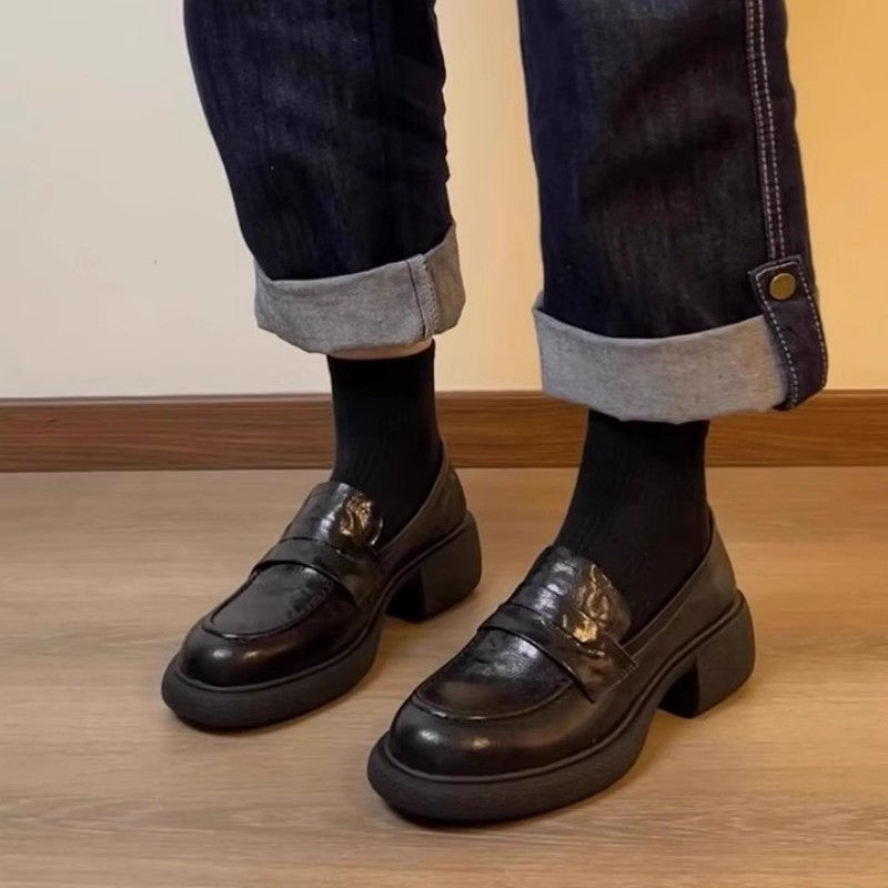 Damen Loafers Robust Lederschuhe mit Blockabsatz
