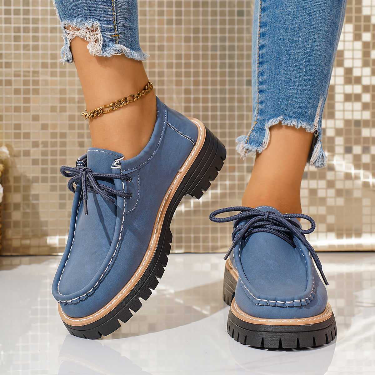 Damen Schnürschuhe Robustes Profil Feines Leder Schwarz