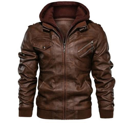 Herren Lederjacke Kunstleder Modern mit Kapuze