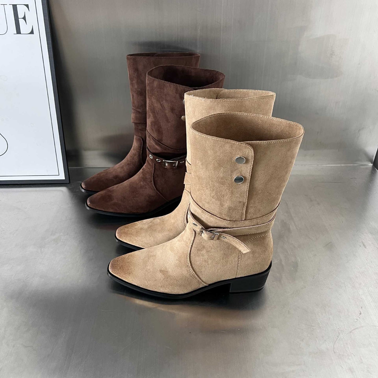 Damen Stiefel Wildleder Elegante Schnalle Schuhe