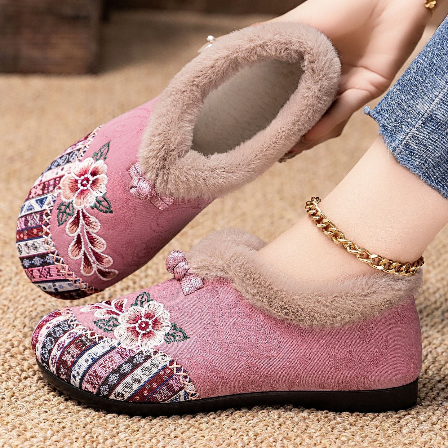 Damen Hausschuhe Flauschig Warm Stickerei - BerlinGlamour