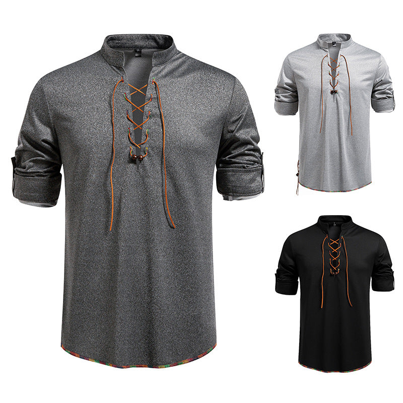 Herren Langarmshirt Stehkragen Modern mit Kordelzug