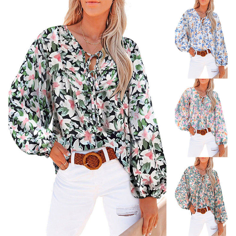 Damen Bluse mit Blumenmuster Lockere Ärmel Frauen Oberteil - BerlinGlamour