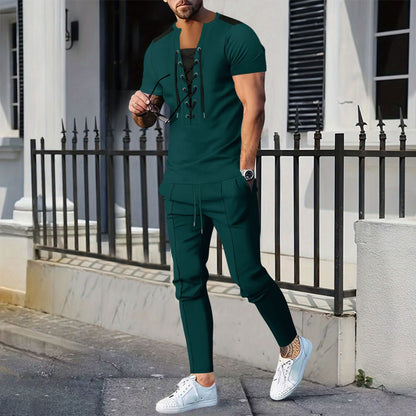 Herren T-Shirt Kurzarm Modern mit Schnürung und Struktur