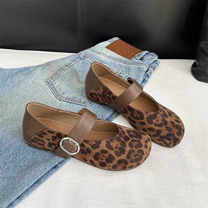 Damen Ballerinas Leopardenmuster Schuhe mit Riemen
