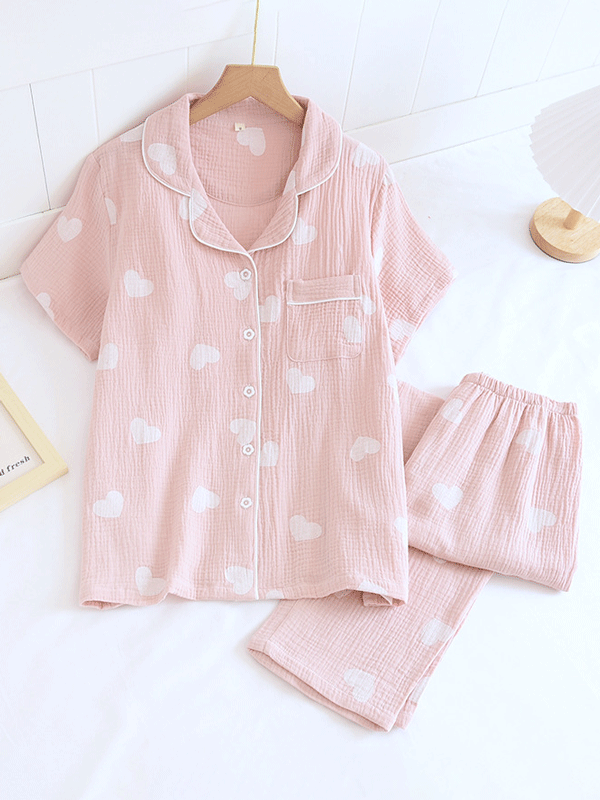 Damen Pyjama-Set Herzmuster Knopfleiste Weich - BerlinGlamour