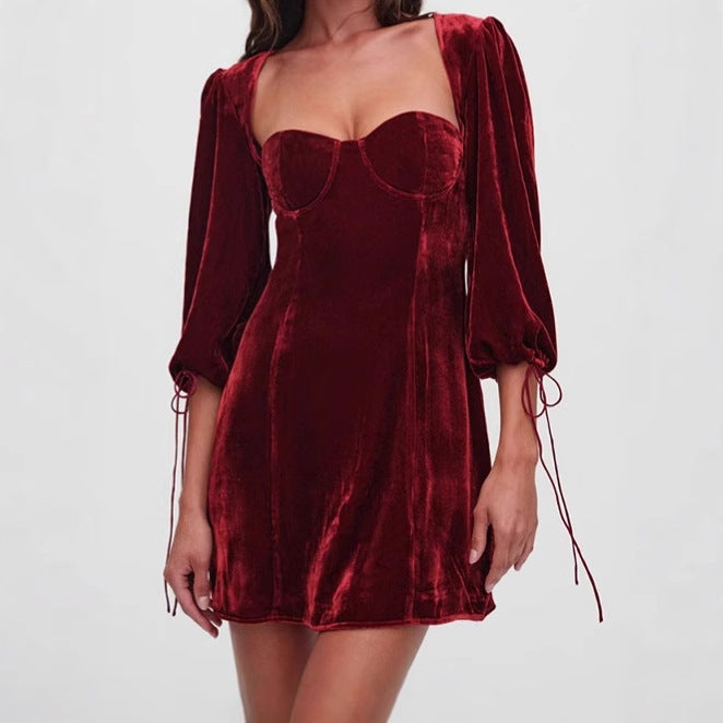 Damen Kleid Samt Kurz Puffärmel Quadratischer Ausschnitt - BerlinGlamour