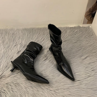 Damen Stiefeletten Elegant Faltenwurf Mit Absatz Schwarz