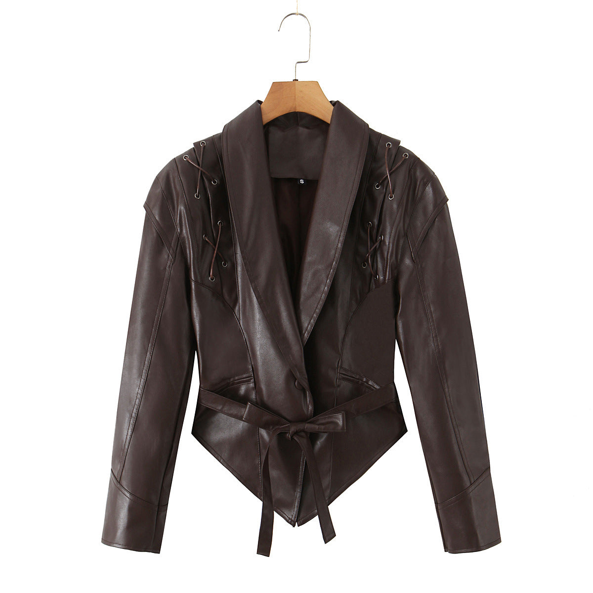 Damen Lederblazer Schnürung Modern Schwarz