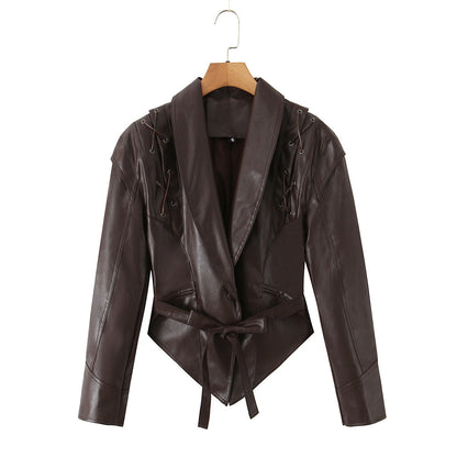 Damen Lederblazer Schnürung Modern Schwarz