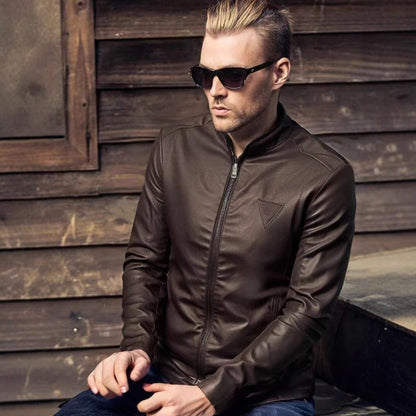 Herren Lederjacke Asymmetrisch Stehkragen Schwarz