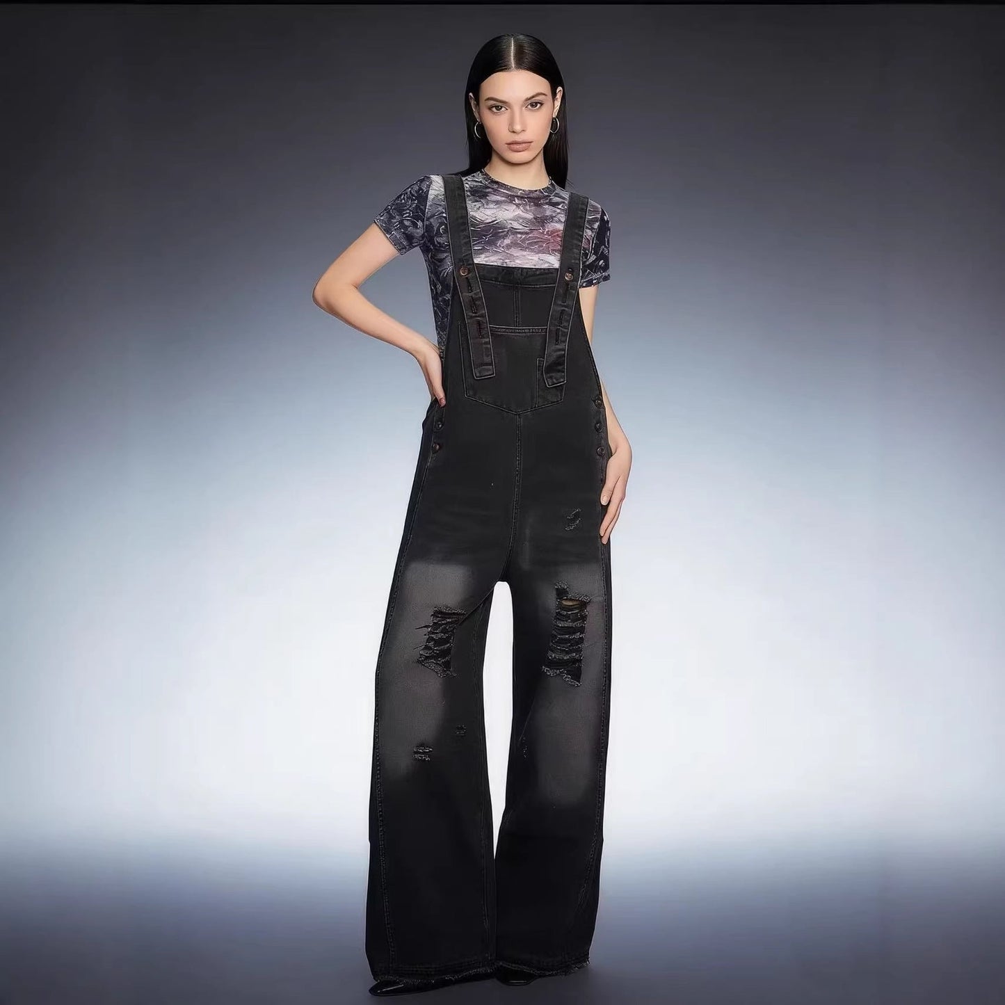 Damen Latzhose Jeans Weitbein Riss Effekt