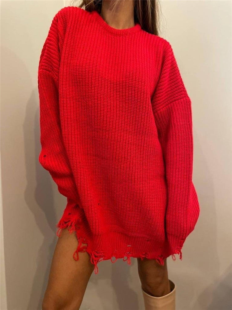 Damen Strickkleid Lang mit Lochmuster und Rundhalsausschnitt