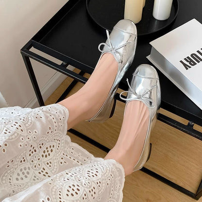 Damen Ballerinas Schleife Elegant Metall