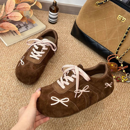 Damen Sneaker Bequem Wildleder Schuhe mit Schleifen