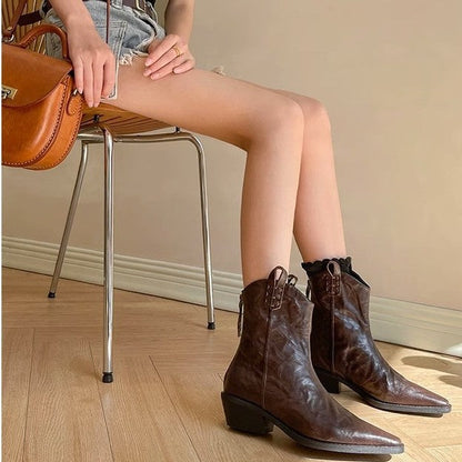 Damen Stiefel Elegante Ankle Boots Leder Schwarz Blockabsatz