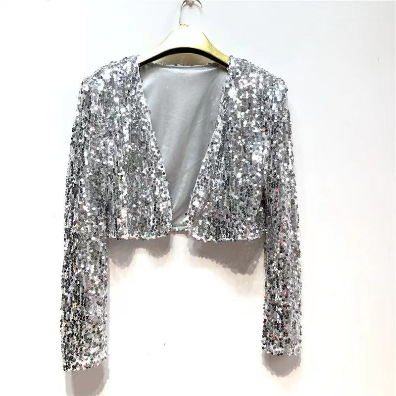Glitzernde Damenjacke Langarm Offener Schnitt Glamour