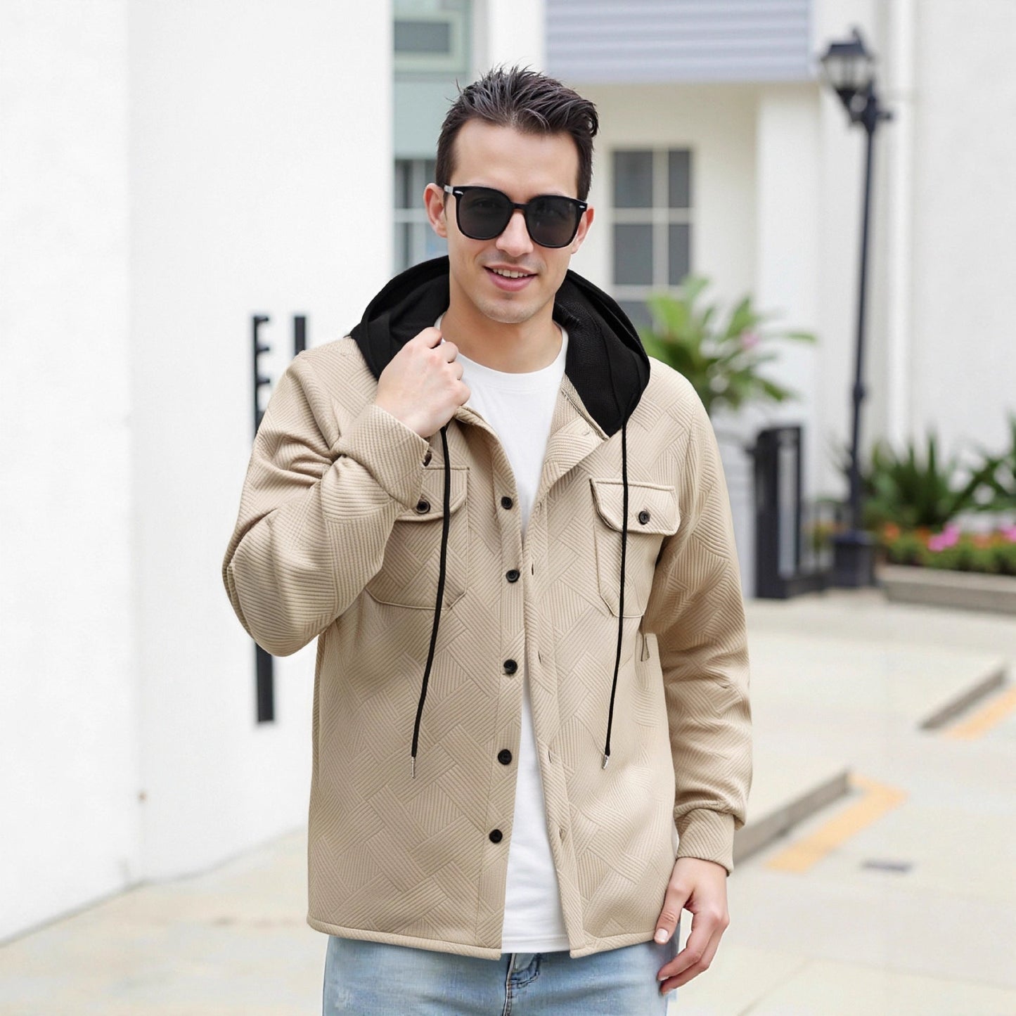 Herren Hybrid-Jacke Modern mit Abnehmbarer Kapuze und Taschen