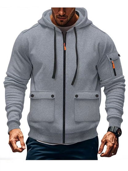 Modische Herren Kapuzenjacke Reißverschluss Taschen Schwarz