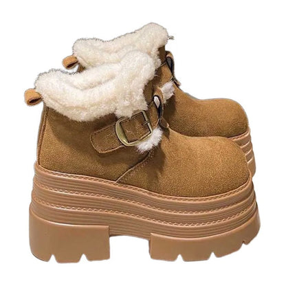 Damen Plateau Stiefeletten Flauschig Warm mit Schnalle