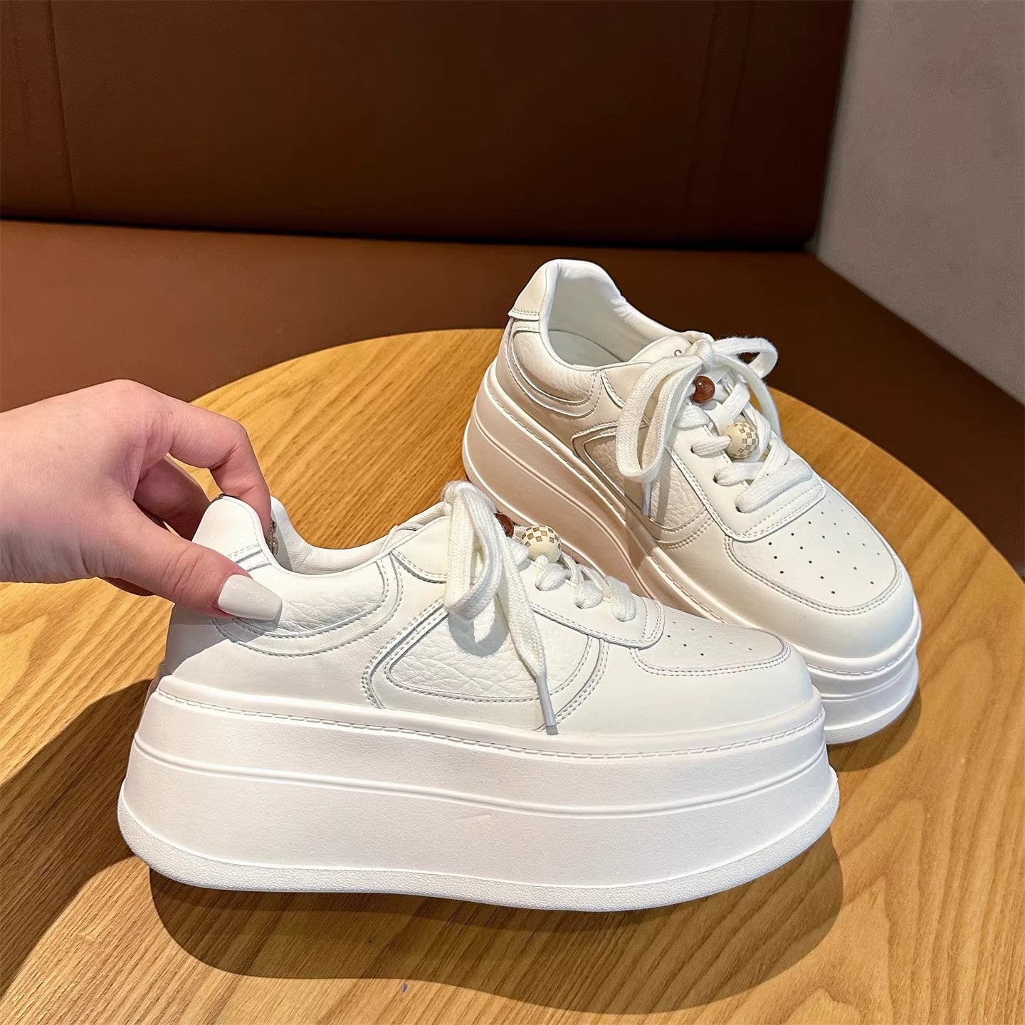 Damen Plateau Sneaker Atmungsaktiv Leder Modern