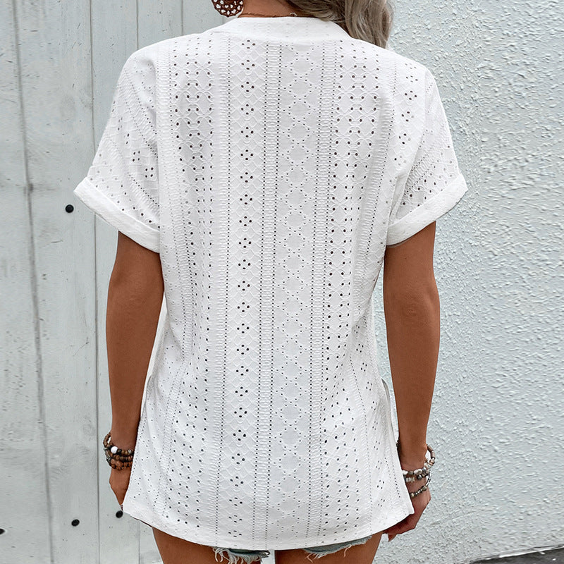 Damen Oberteil Elegante Lochstickerei V-Ausschnitt Modern