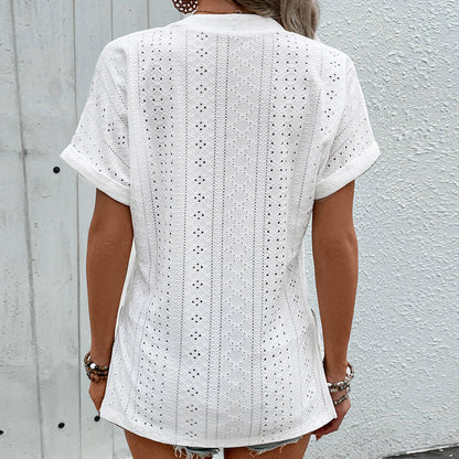 Damen Oberteil Elegante Lochstickerei V-Ausschnitt Modern