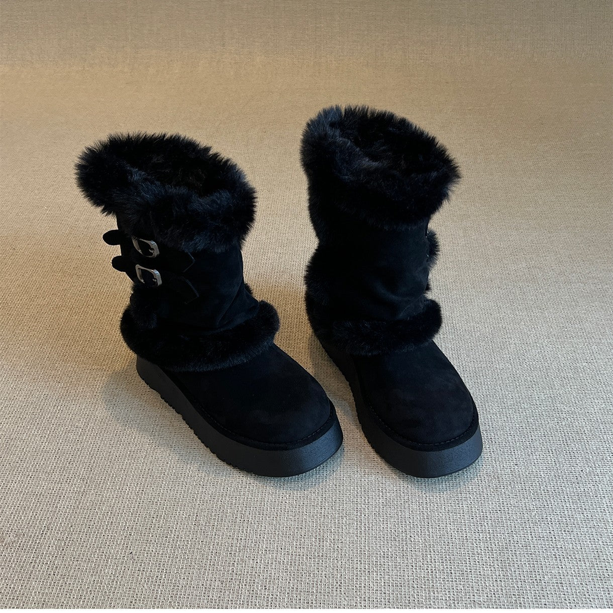 Damen Winterstiefel Kuschelig Kunstfell Doppelriemen