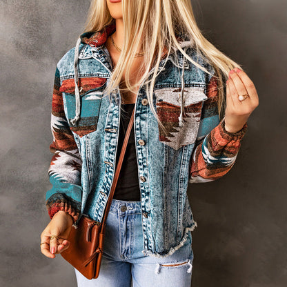Damen Denimjacke Lässig Boho Kapuze Frauen