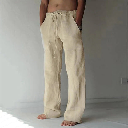 Herren Leinenhose Bequem mit Verstellbarem Bund und Seiten-Taschen